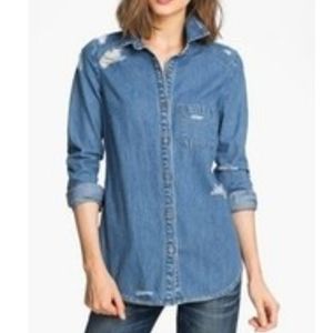 Paige chambray button-up shirt Sz XS Long Sleeve Distressed